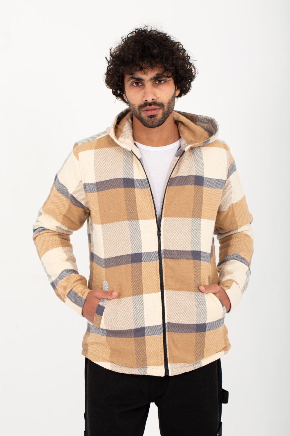 Men's Regular Fit Padded Zipper Made Of Soft Wool Hooded Checked Shirt