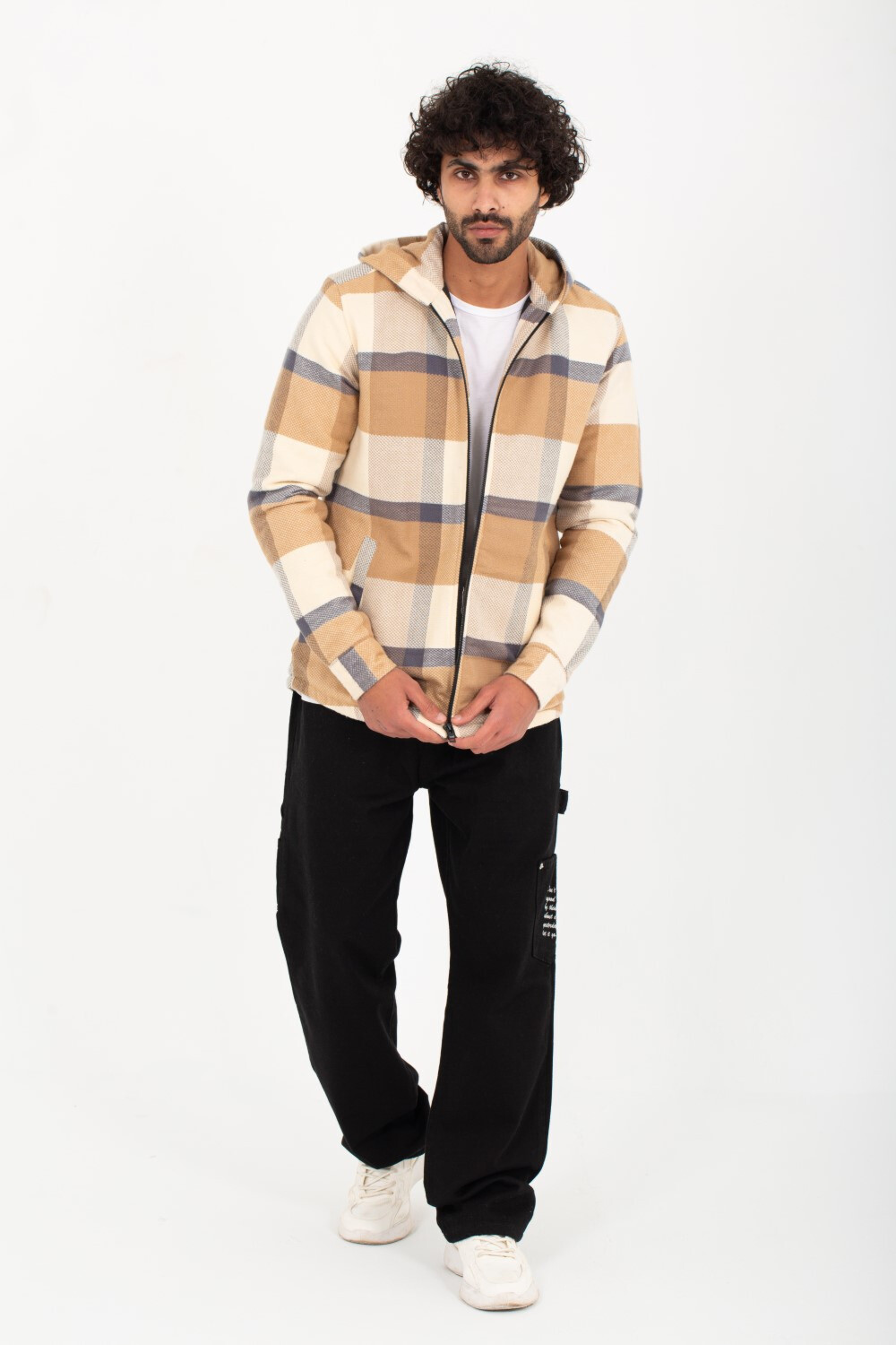 Men's Regular Fit Padded Zipper Made Of Soft Wool Hooded Checked Shirt