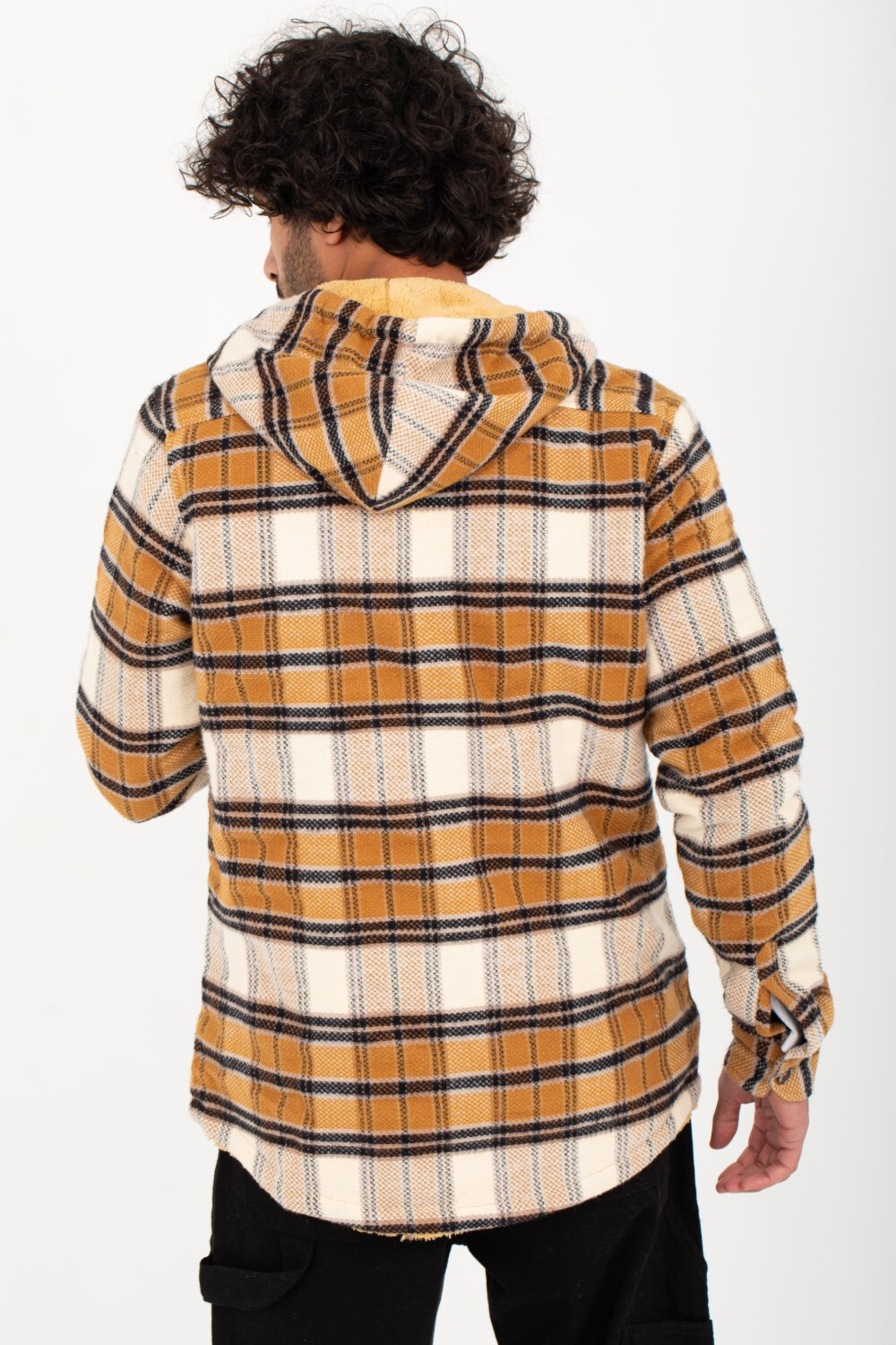 Men's Checked Regular Fit Padded Zipper Made Of Soft Wool Hooded Shirt
