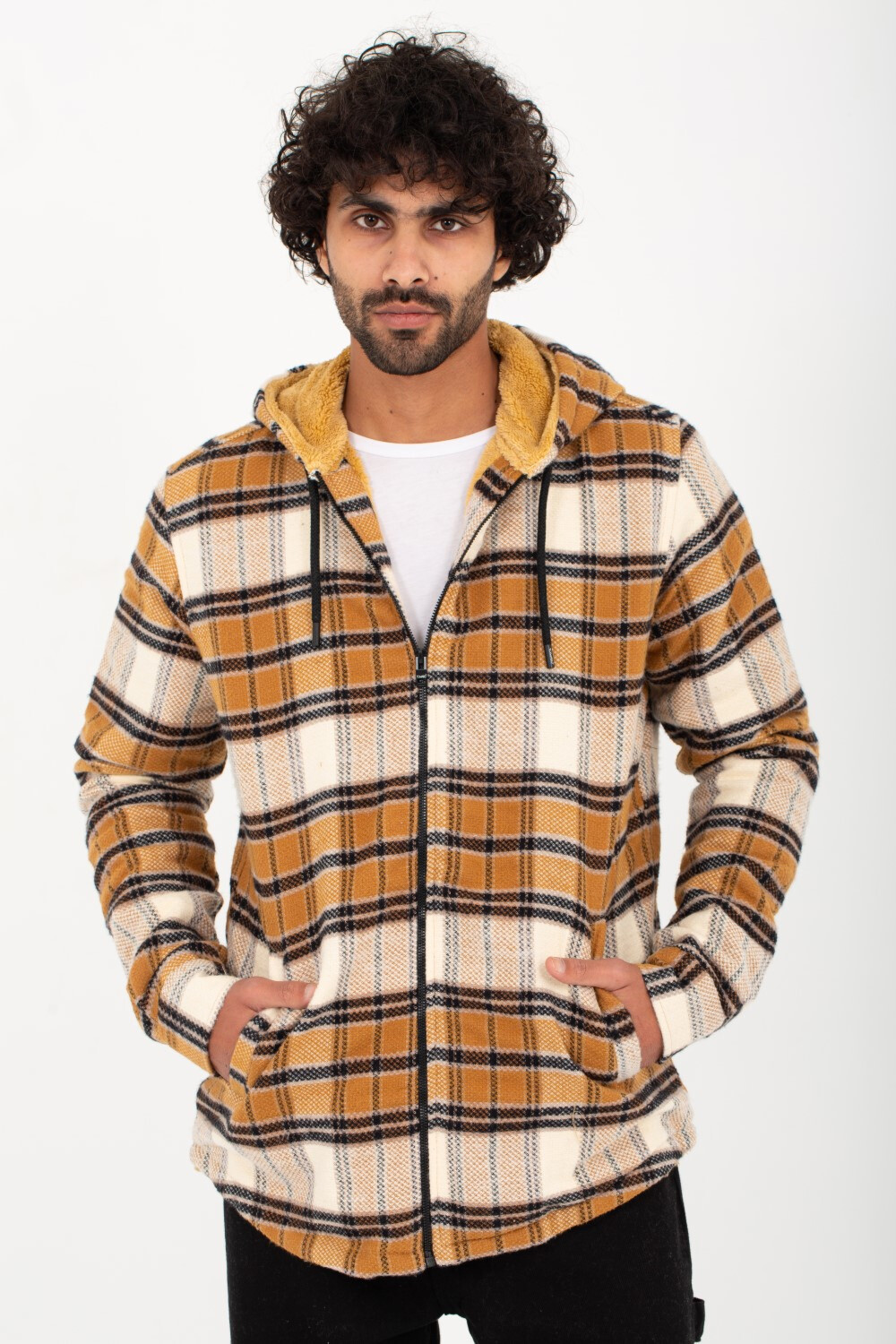 Men's Checked Regular Fit Padded Zipper Made Of Soft Wool Hooded Shirt