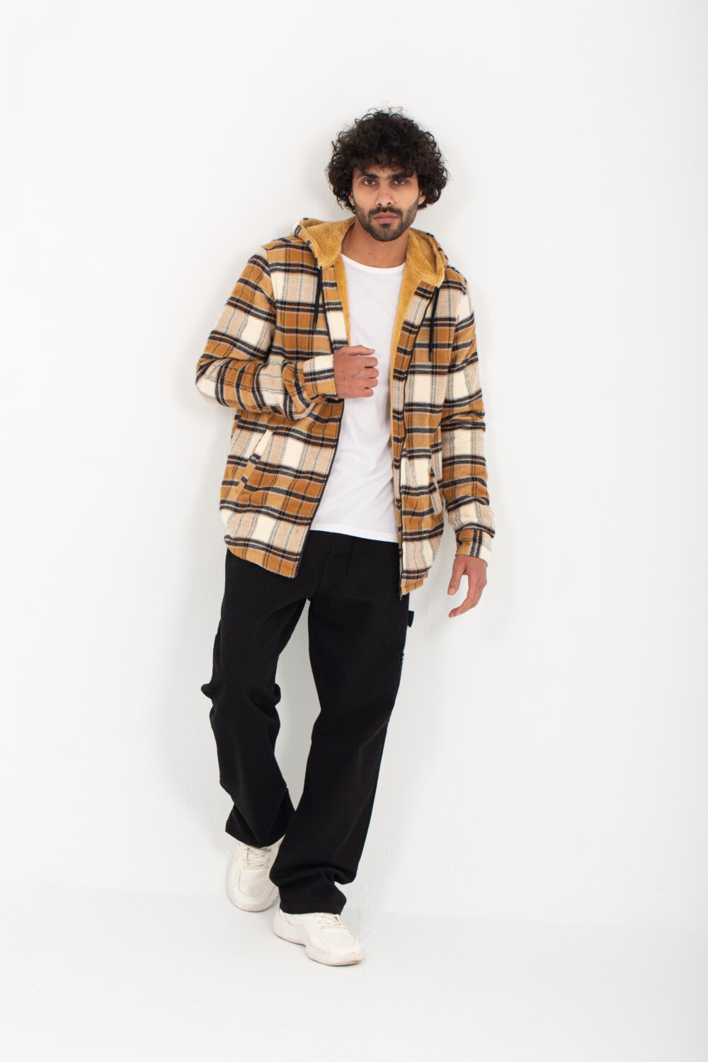 Men's Checked Regular Fit Padded Zipper Made Of Soft Wool Hooded Shirt