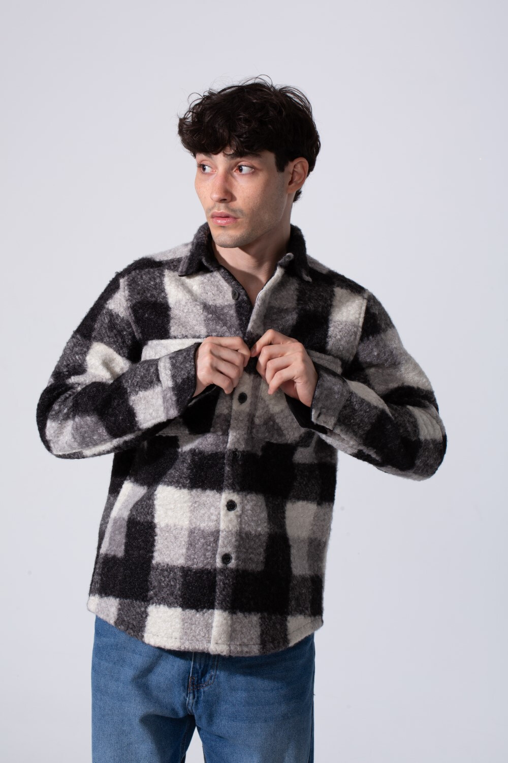 Men's Winter Wool Slim Fit Shirt With Front Pockets And Long Sleeves