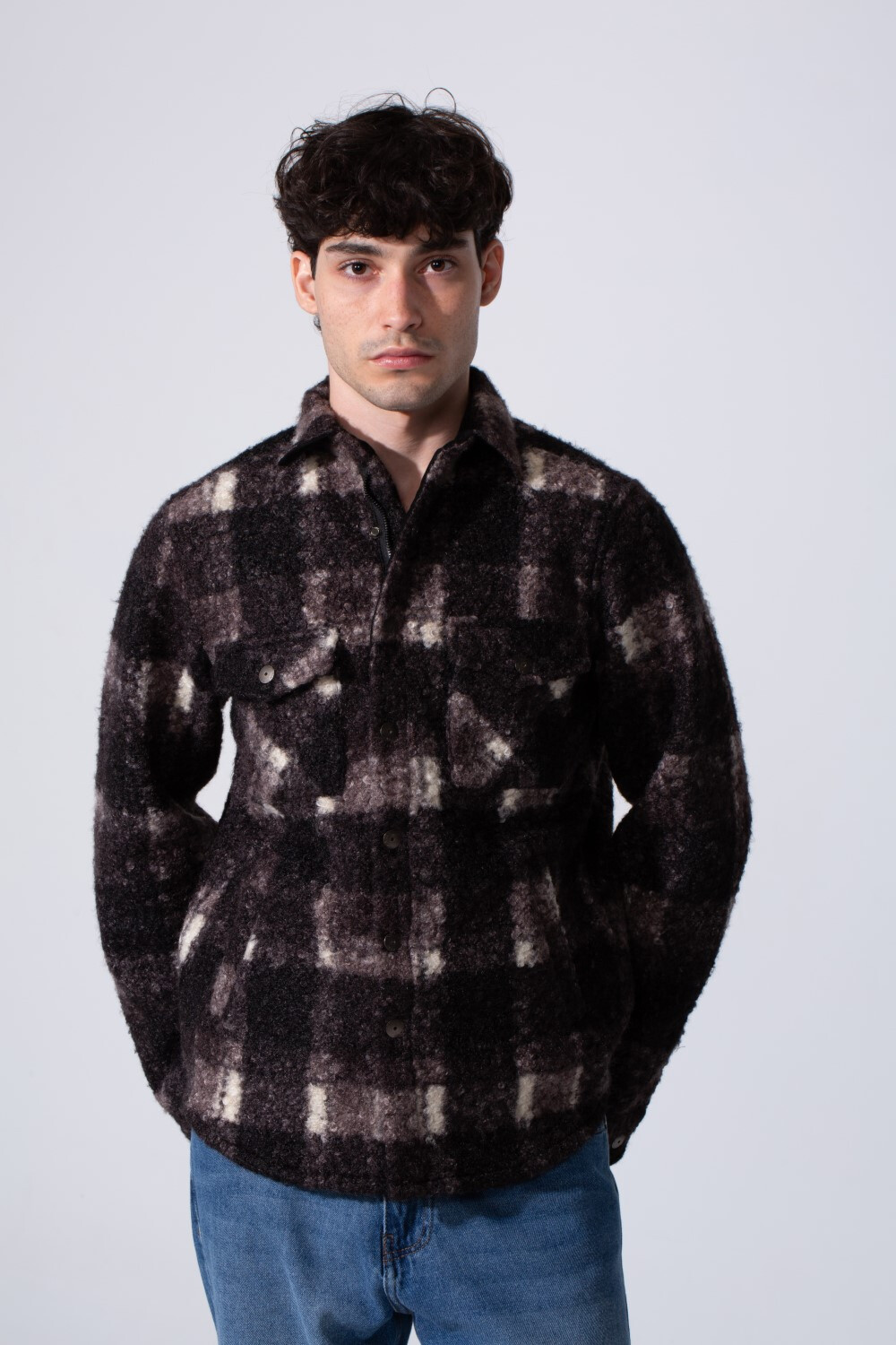 Men's Wool Long Sleeved Modern Shirt With Front Pockets In Brown