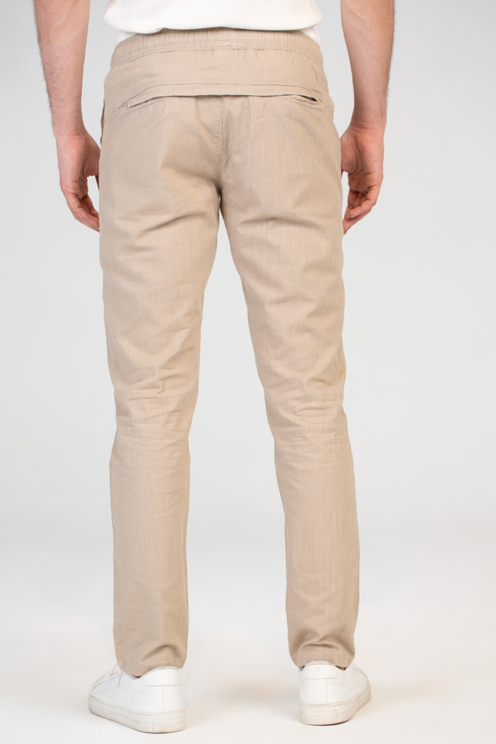 Mens Basic Linen Pants With Elastic Waistband And Unique Back Pockets