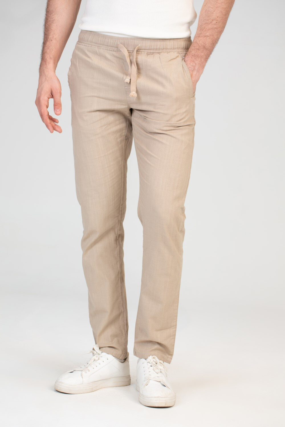 Mens Basic Linen Pants With Elastic Waistband And Unique Back Pockets