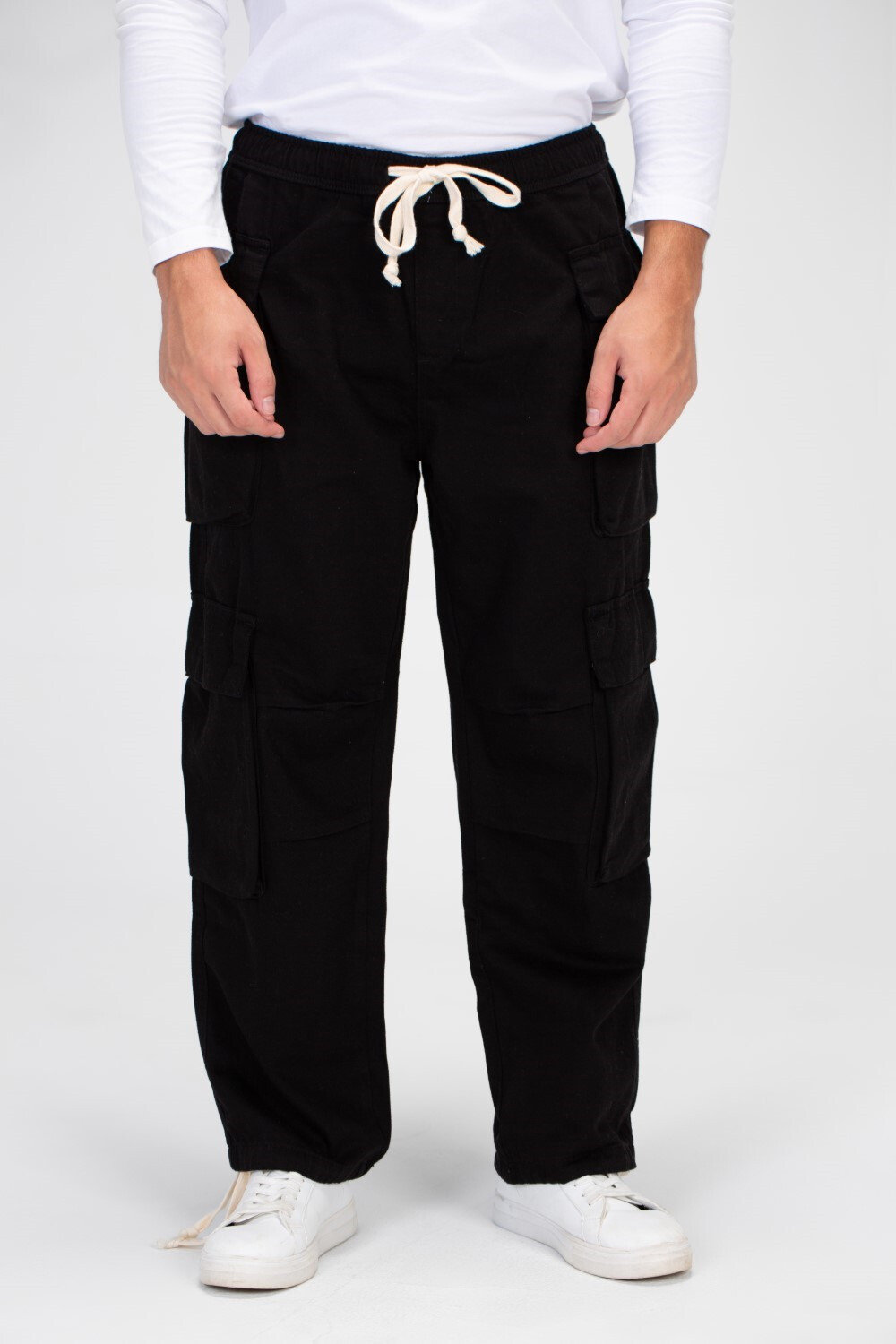 Men's Slouchy Gabardine Cargo Pants with Elastic Waist And Side Pockets