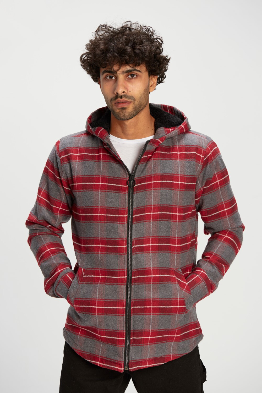 Men's Regular Fit Full Zipper Side Pockets Checked Wool Padded Hooded Shirt