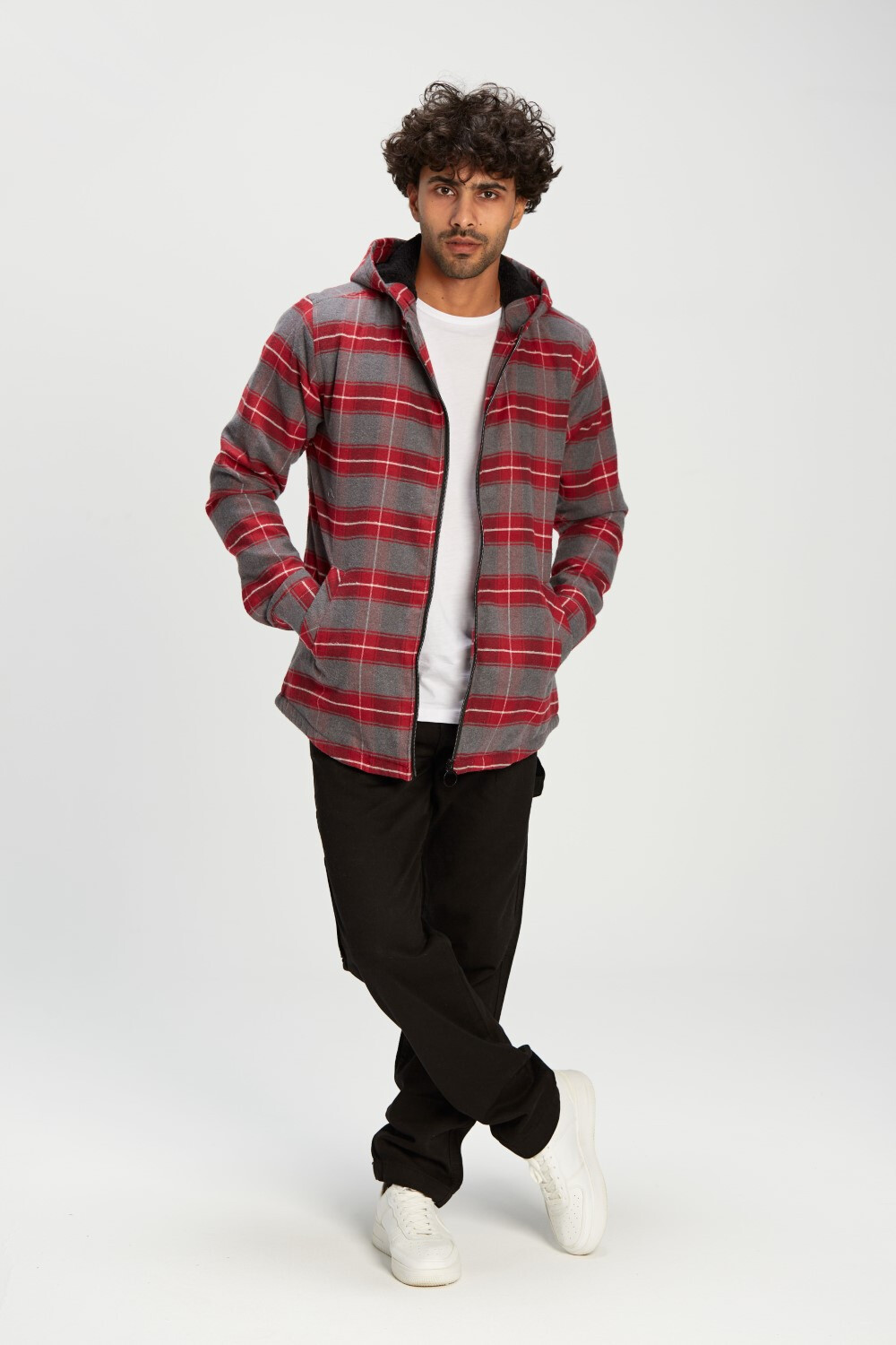 Men's Regular Fit Full Zipper Side Pockets Checked Wool Padded Hooded Shirt