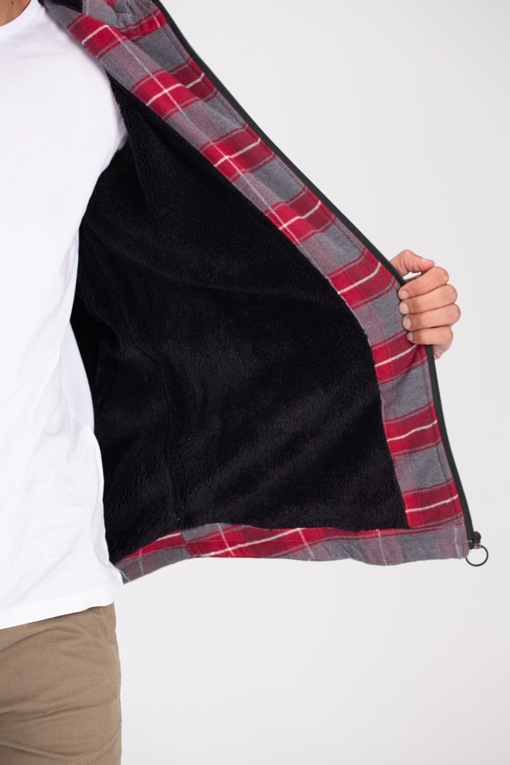 Men's Regular Fit Full Zipper Side Pockets Checked Wool Padded Hooded Shirt