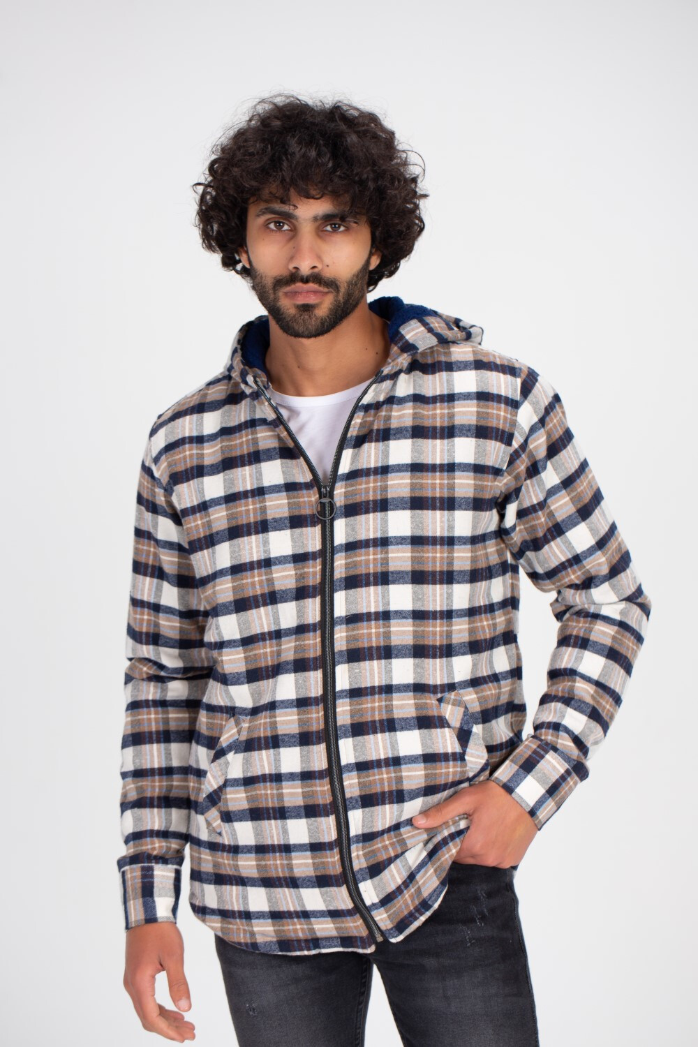 Men's Regular Fit Zipper Side Pockets Checked Wool Padded Shirt