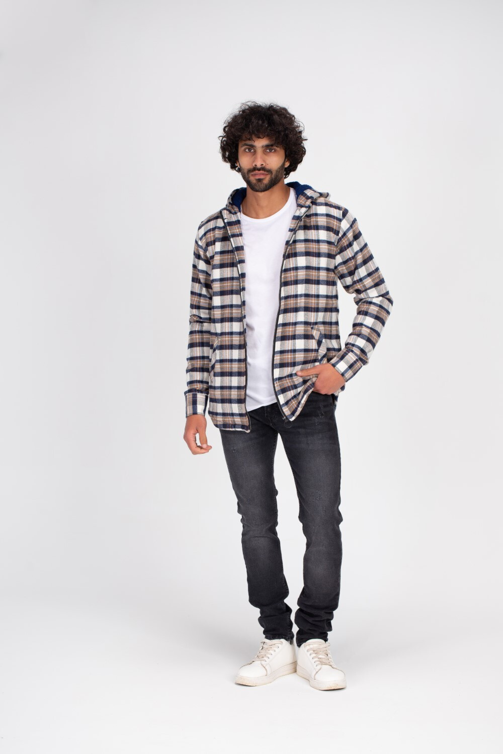 Men's Regular Fit Zipper Side Pockets Checked Wool Padded Shirt