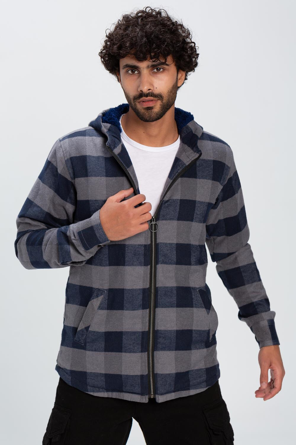 Men's Checked Regular Fit Padded Zipper Made Of Soft Wool Shirt
