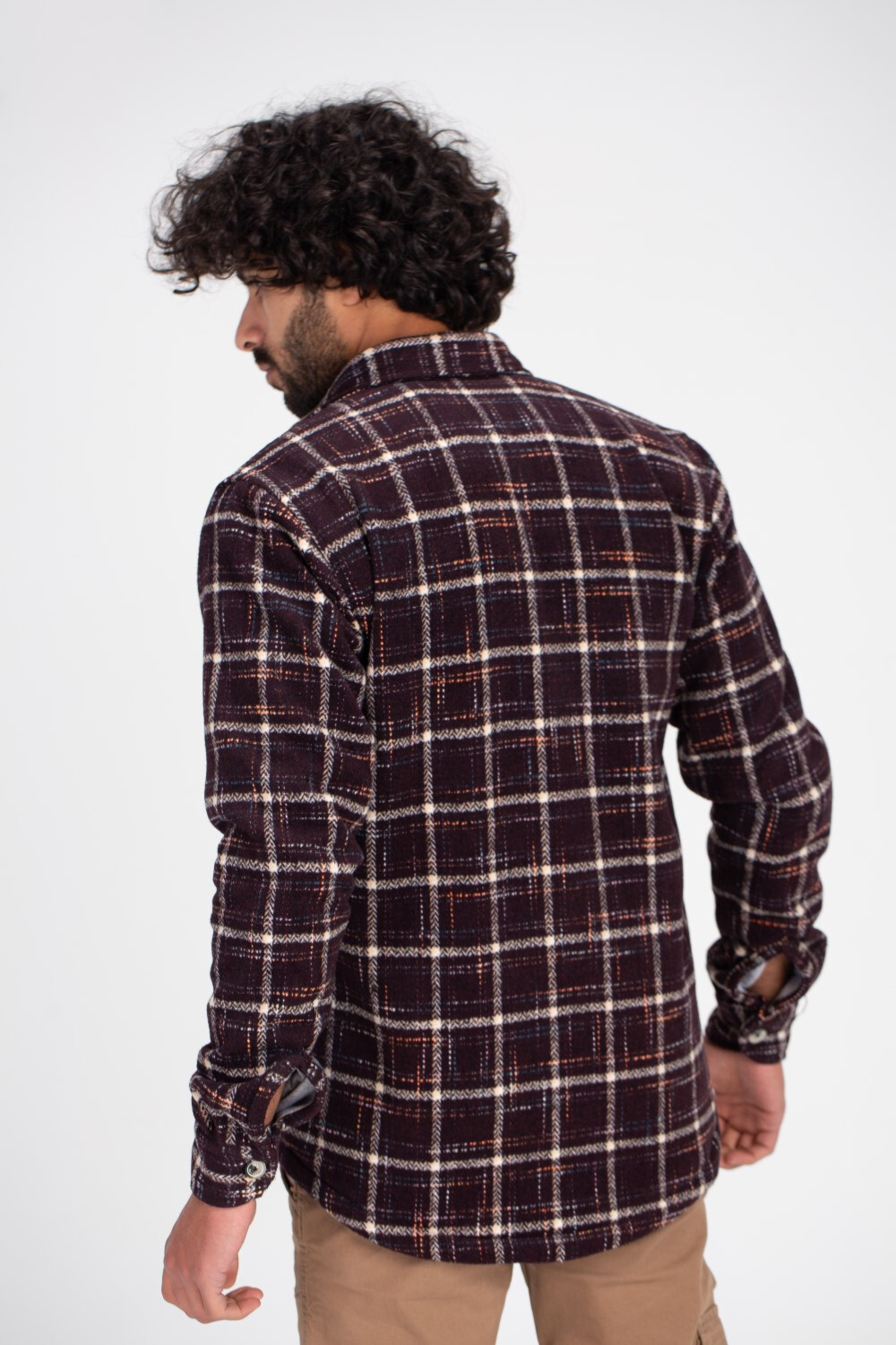 Men's Checked Regular Fit Front Pockets Padded Fur Soft Wool Shirt