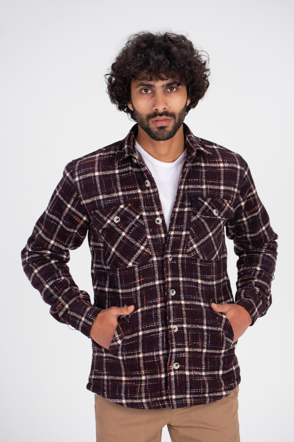 Men's Checked Regular Fit Front Pockets Padded Fur Soft Wool Shirt