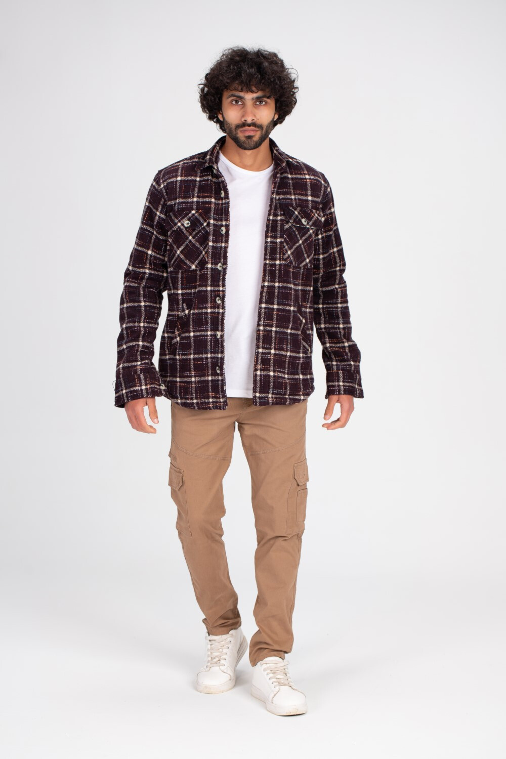 Men's Checked Regular Fit Front Pockets Padded Fur Soft Wool Shirt