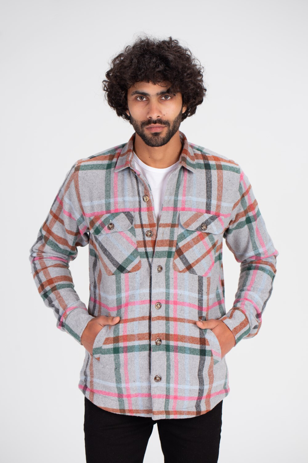 Men's Checked Regular Fit Front Pockets Full Zipper Made Of Soft Wool Side Pockets Padded Shirt