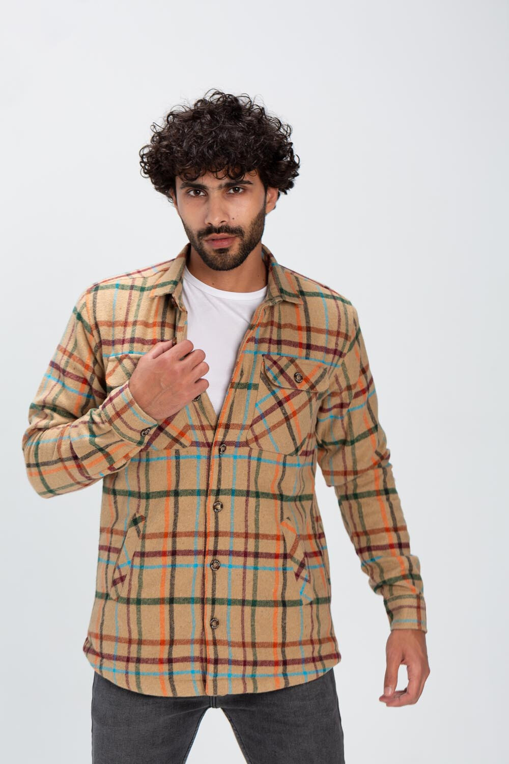 Men's Checked Regular Fit Front Pockets Full Zipper Wool Padded Shirt