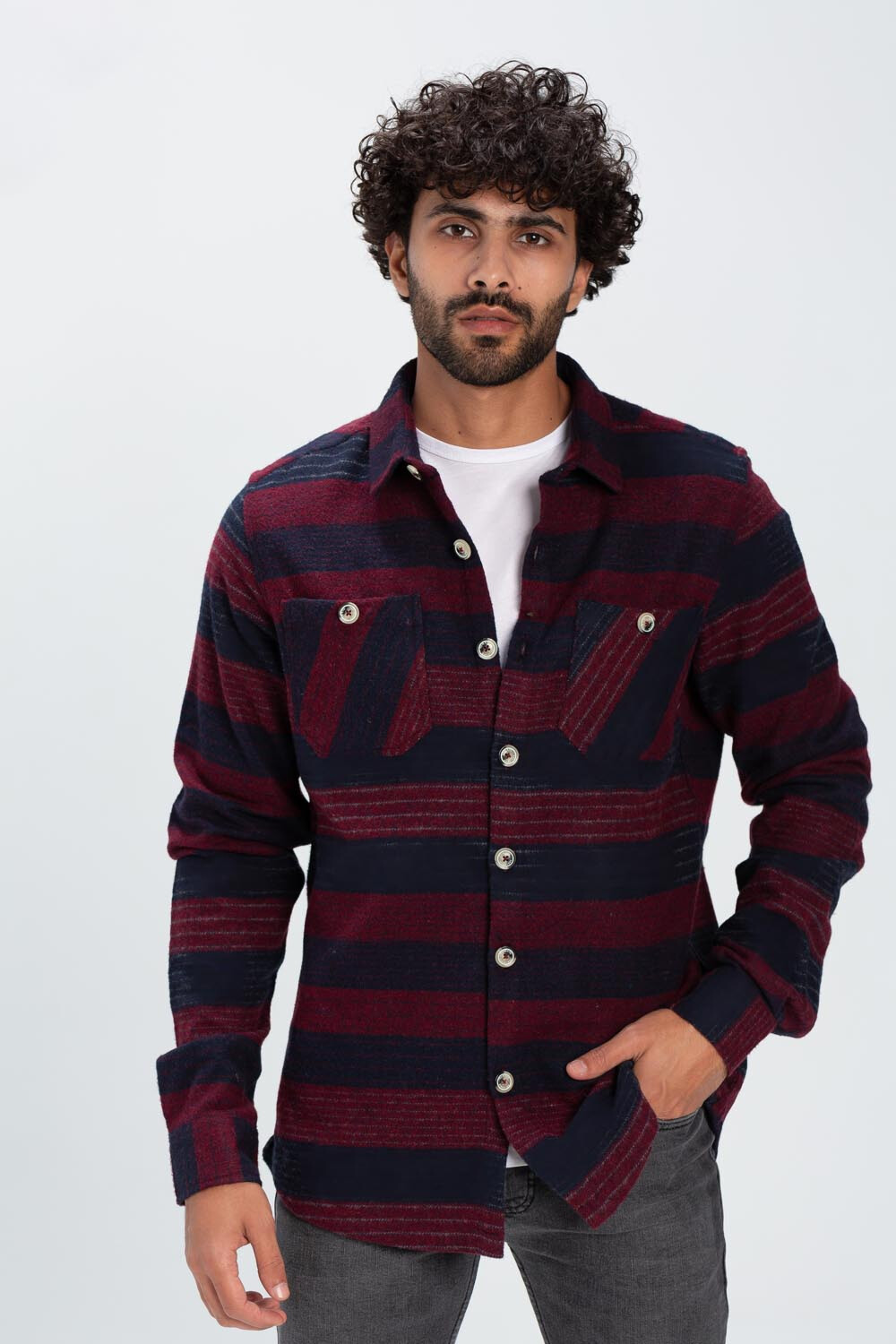 Men's Regular Fit With Front Pockets Striped Style Soft Wool Shirt