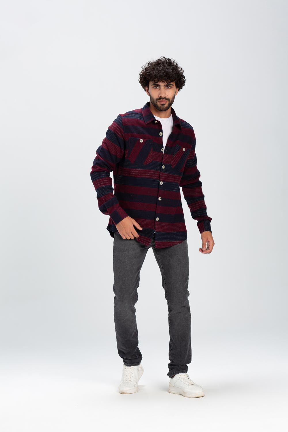 Men's Regular Fit With Front Pockets Striped Style Soft Wool Shirt