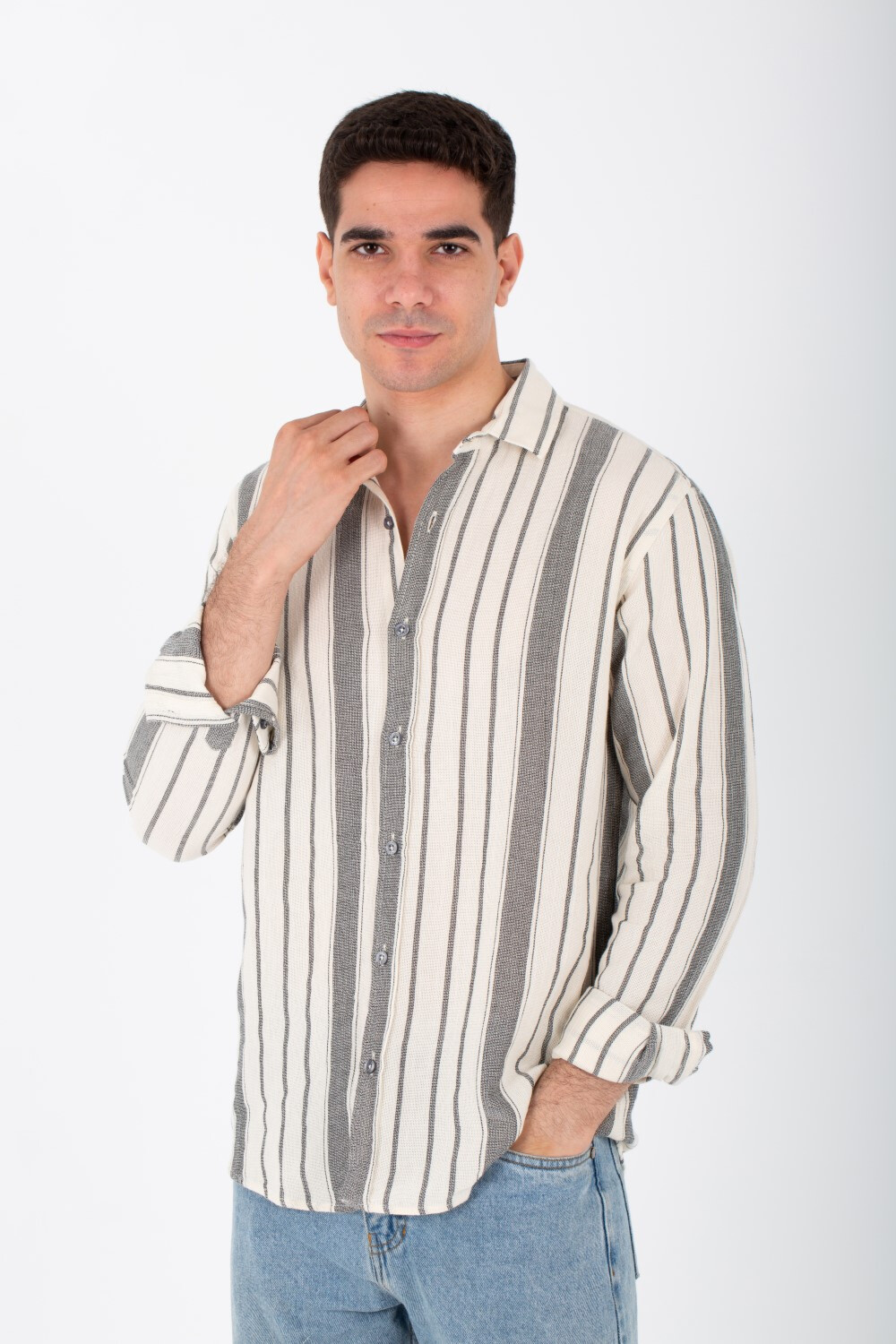 Mens Long Sleeves Striped Slim Fit Shirt With Button Front