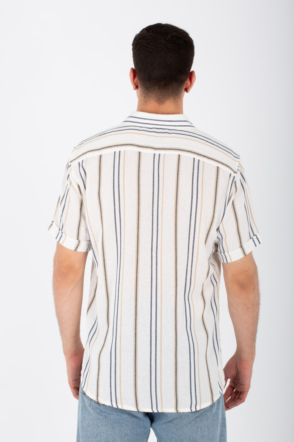 Mens Slim Fit Striped Shirt With Short Sleeves Linen Material