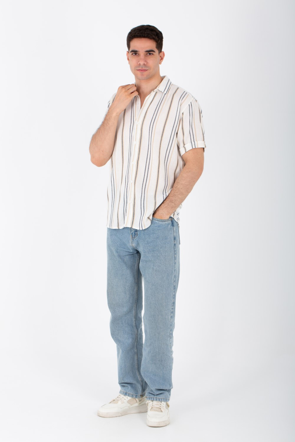 Mens Slim Fit Striped Shirt With Short Sleeves Linen Material