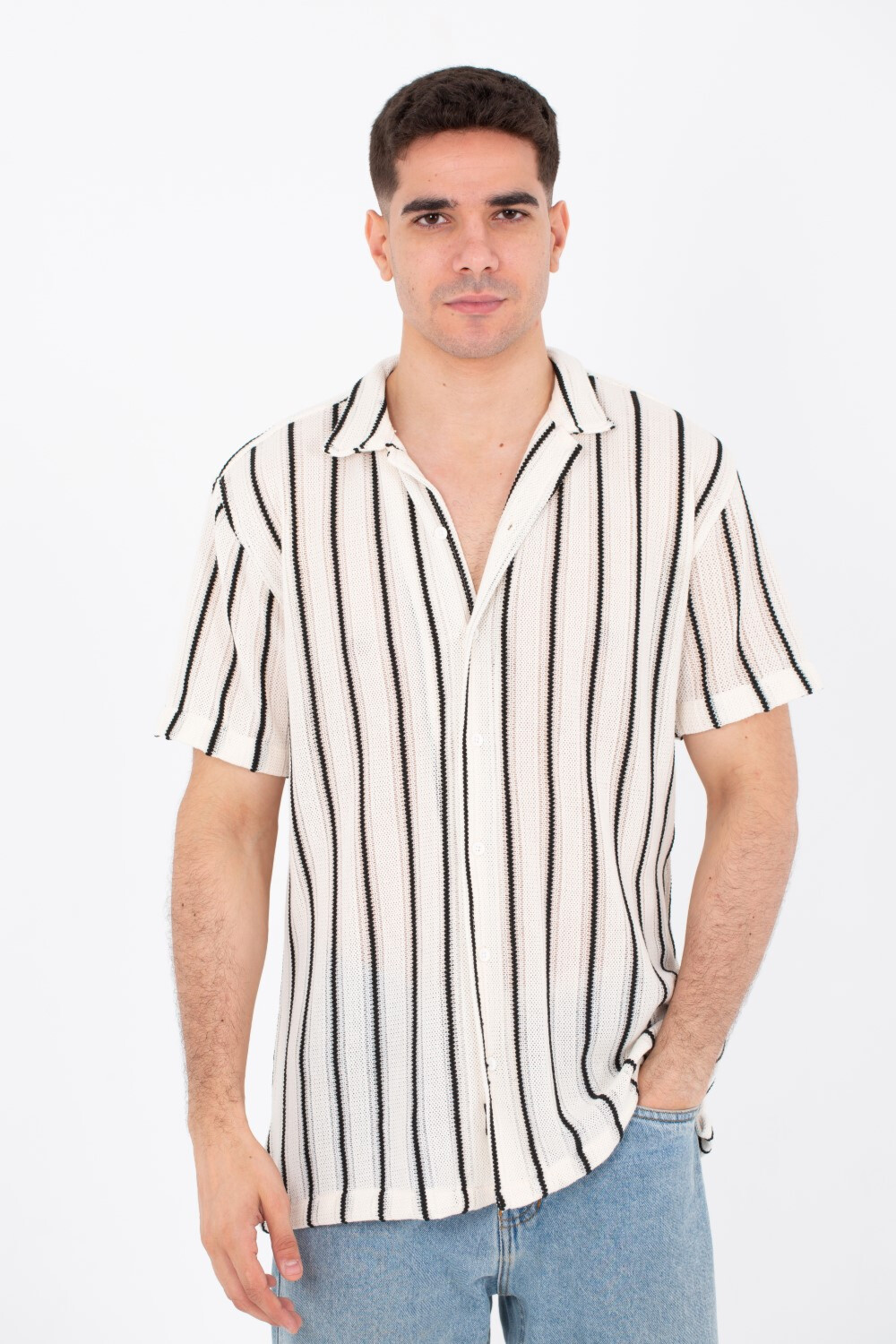 Mens Slim Fit Striped Shirts Short Sleeve Button Front In White