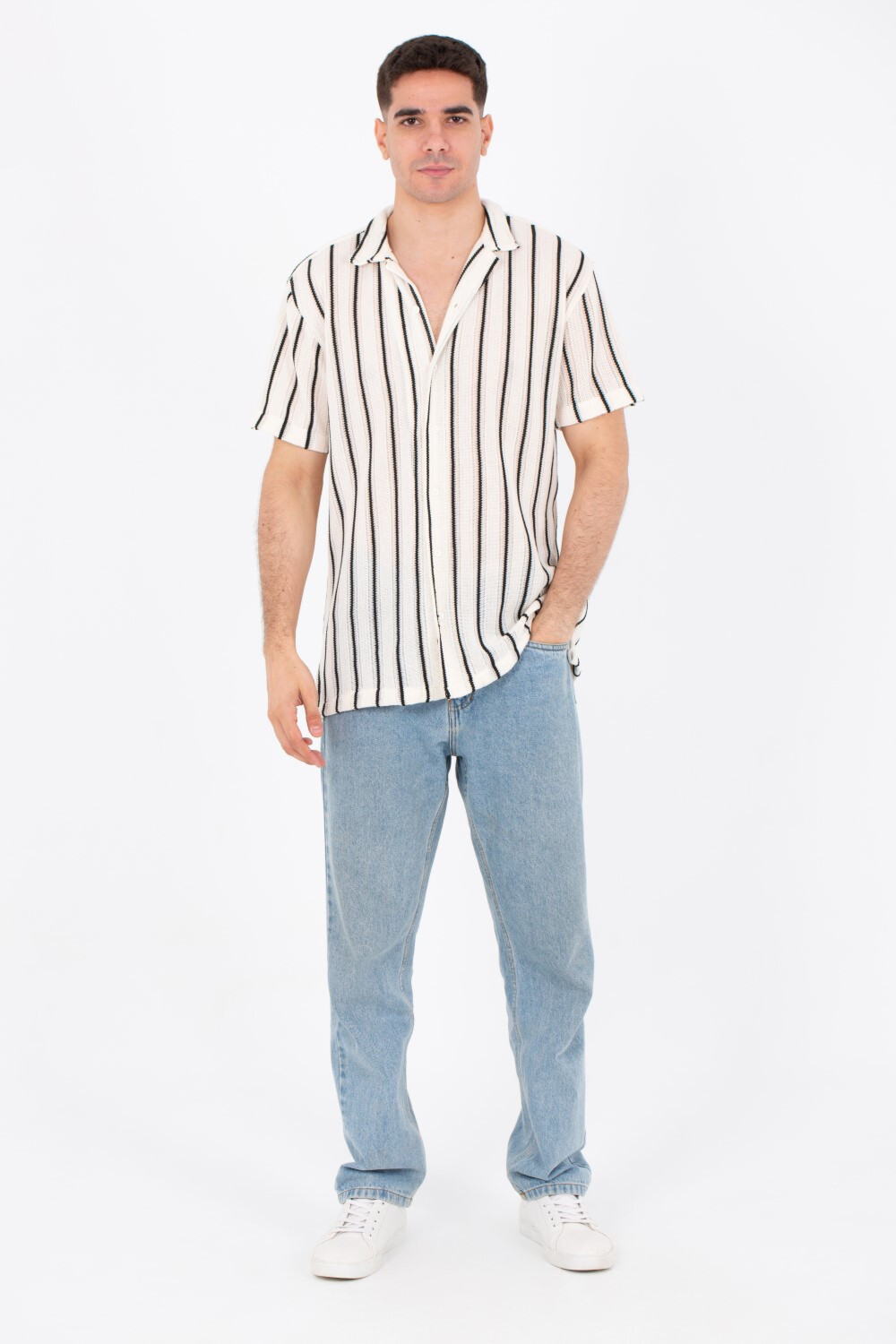 Mens Slim Fit Striped Shirts Short Sleeve Button Front In White