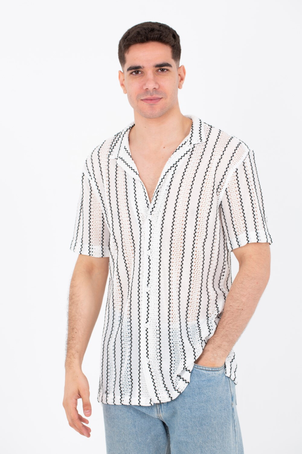 Mens Casual Striped Shirts Summer Short Sleeve Button Front In White