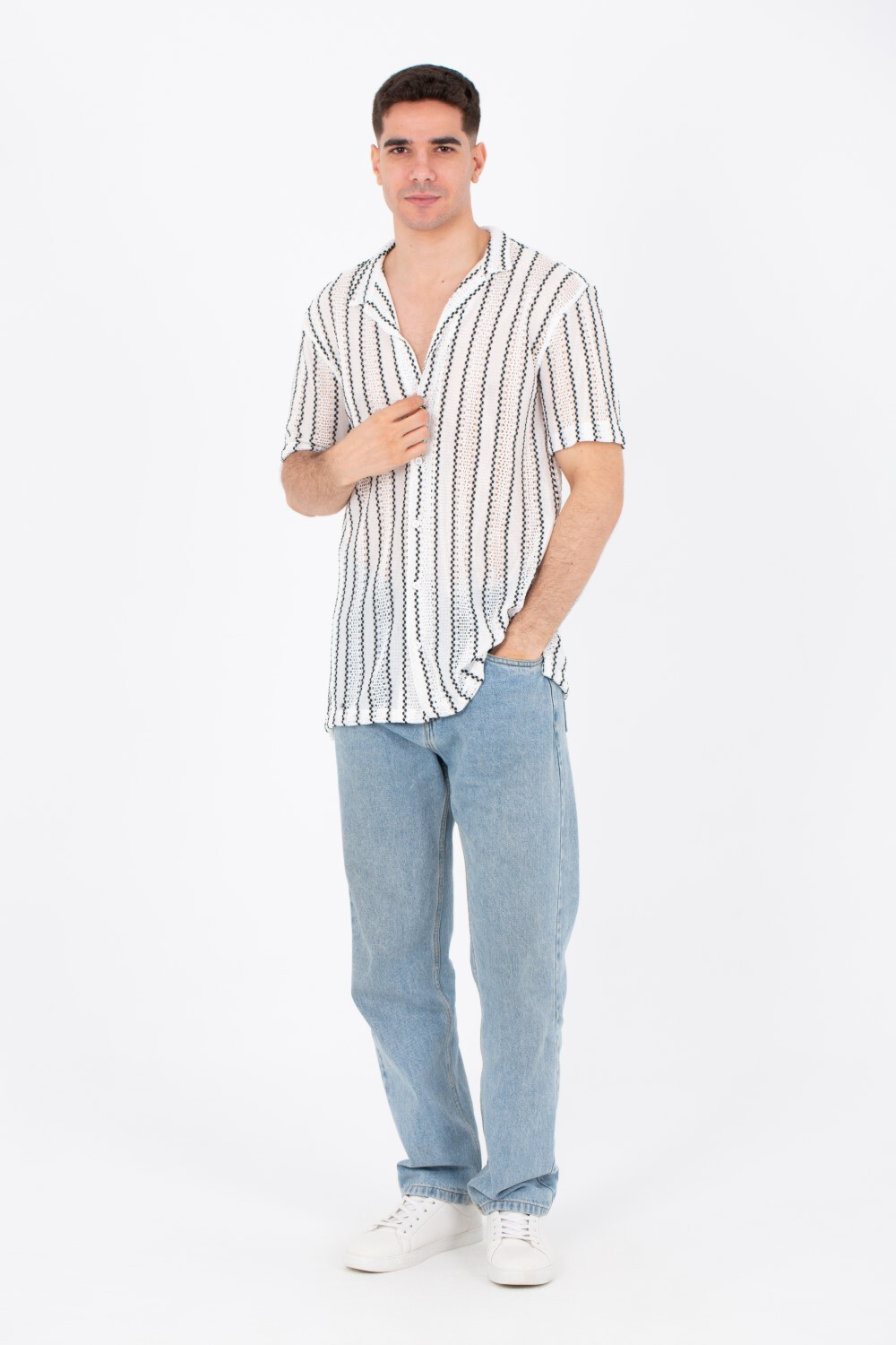 Mens Casual Striped Shirts Summer Short Sleeve Button Front In White