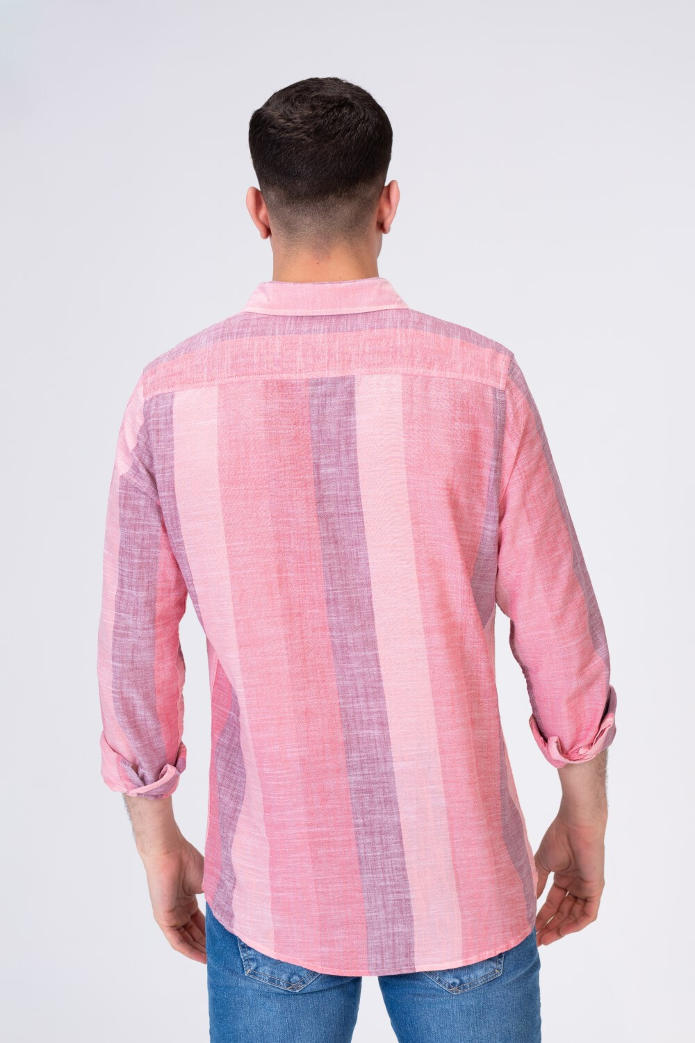 Mens Long Striped Regular Fit Linen Shirt With Collar