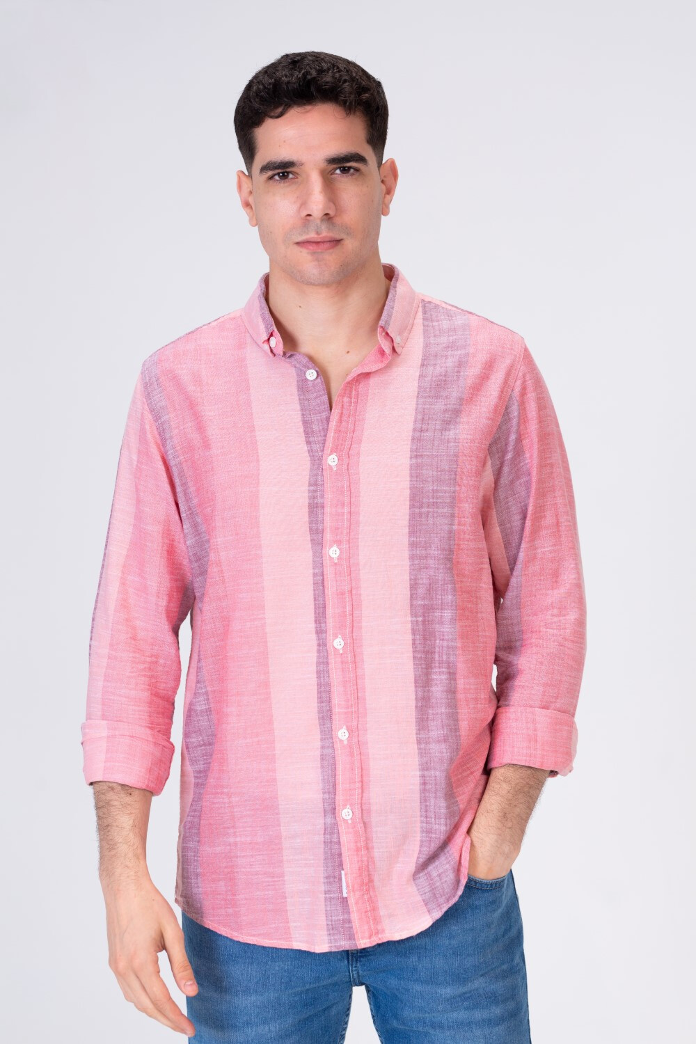 Mens Long Striped Regular Fit Linen Shirt With Collar