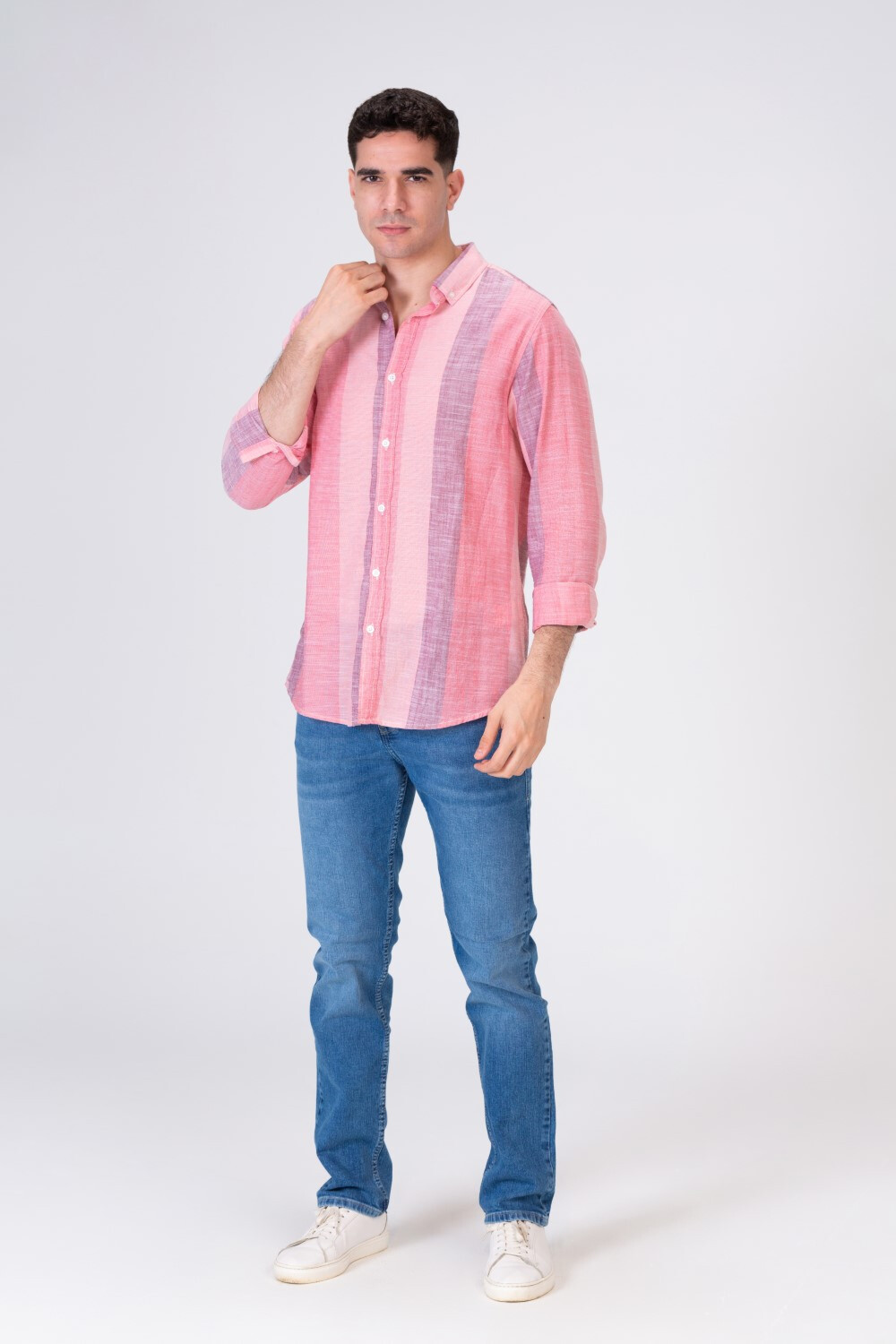 Mens Long Striped Regular Fit Linen Shirt With Collar