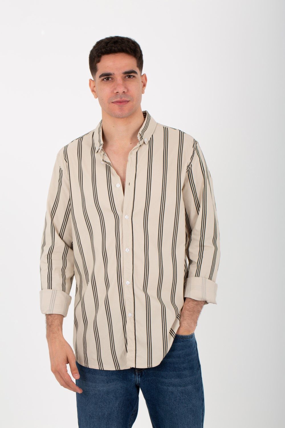 Mens Striped Slim Fit Poplin Shirt With Long Sleeves And Collar