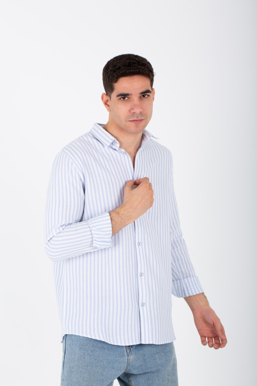 Mens Striped Long Sleeves Shirt With Button Front And Collar