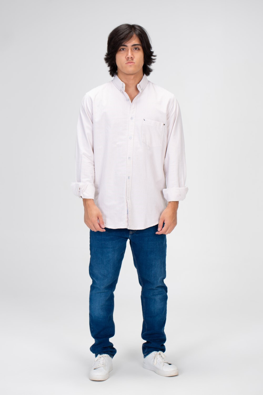 Men's Striped Shirt With Long Sleeves And Front Pocket Poplin Material