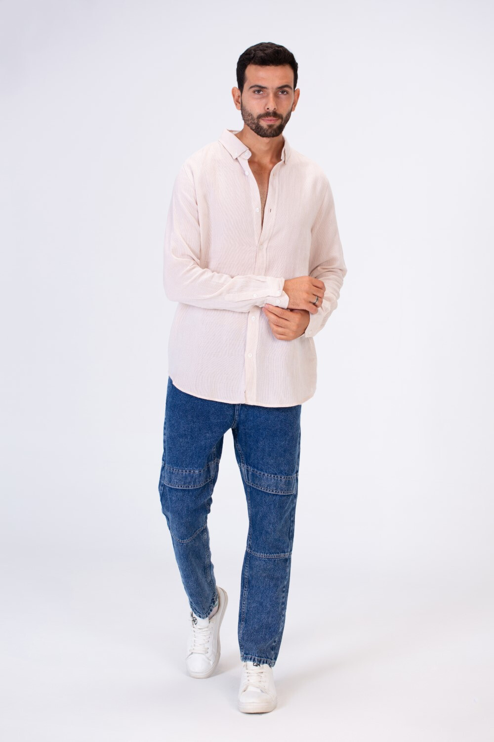 Men's Basic Plain Shirt With Long Sleeves And Button Front
