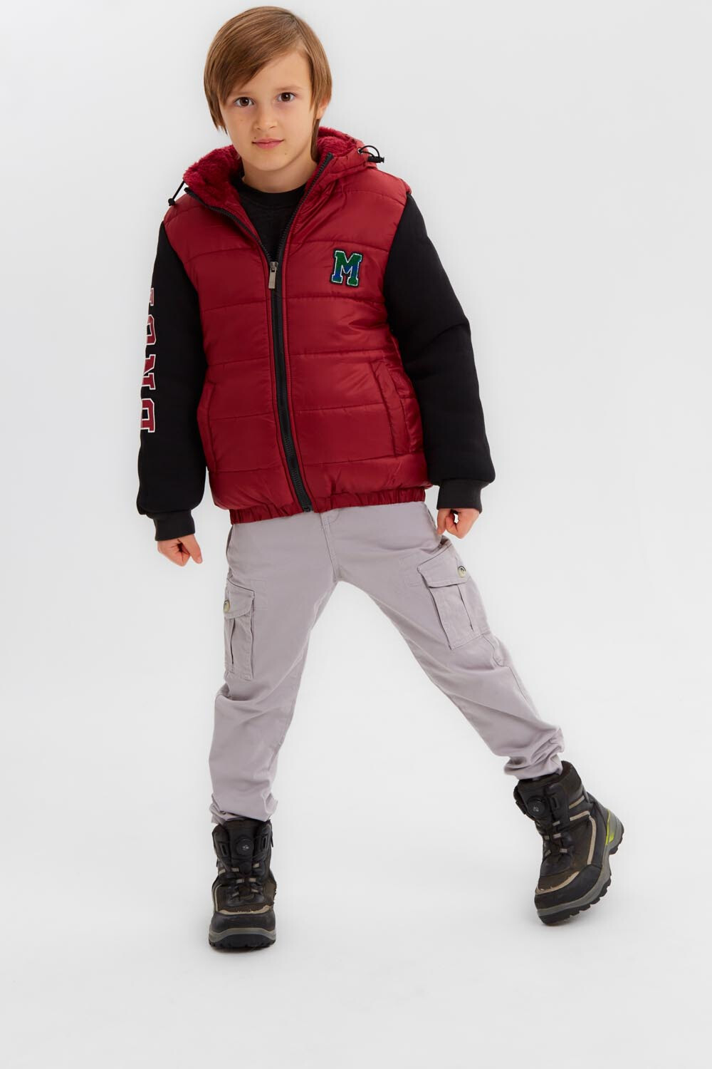 Boy's Casual Full Zipper Padded Waterproof Jacket With Melton Sleeves