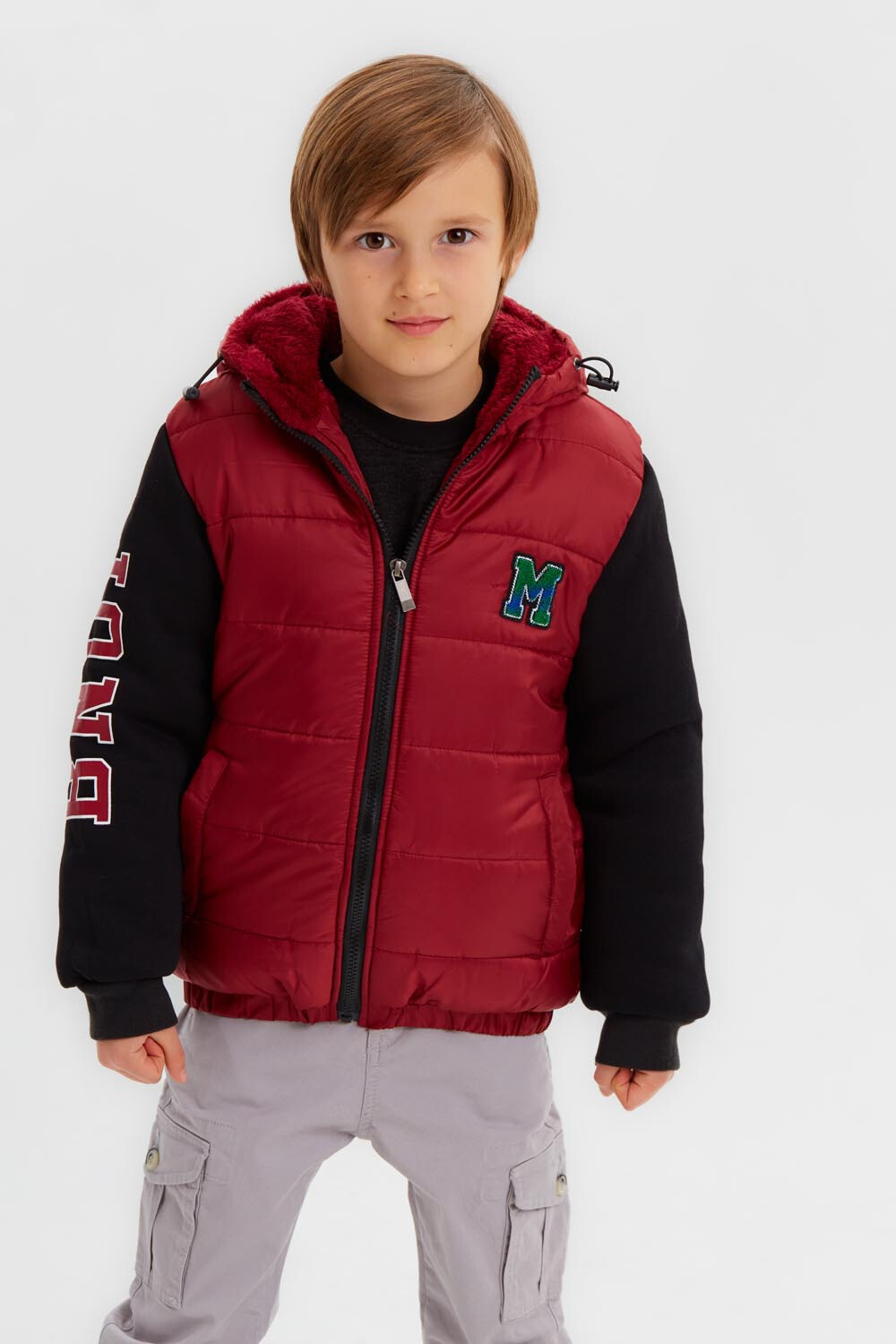 Boy's Casual Full Zipper Padded Waterproof Jacket With Melton Sleeves
