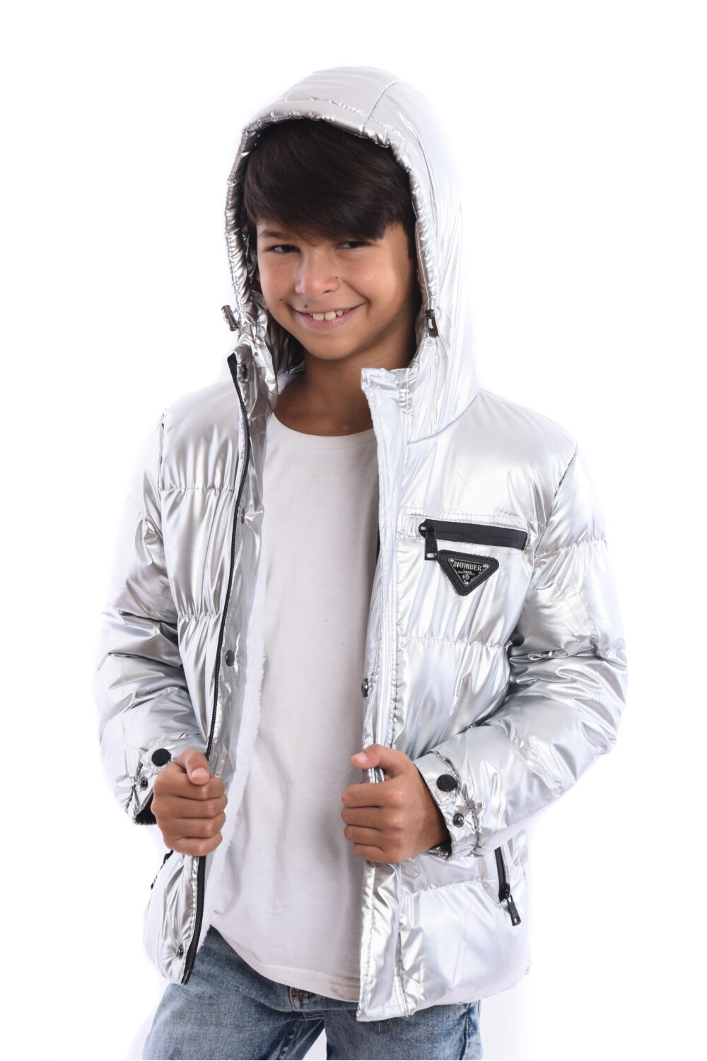 Boy's Full Zipper Casual Metalic Padded Waterproof Jacket With Side Pocket