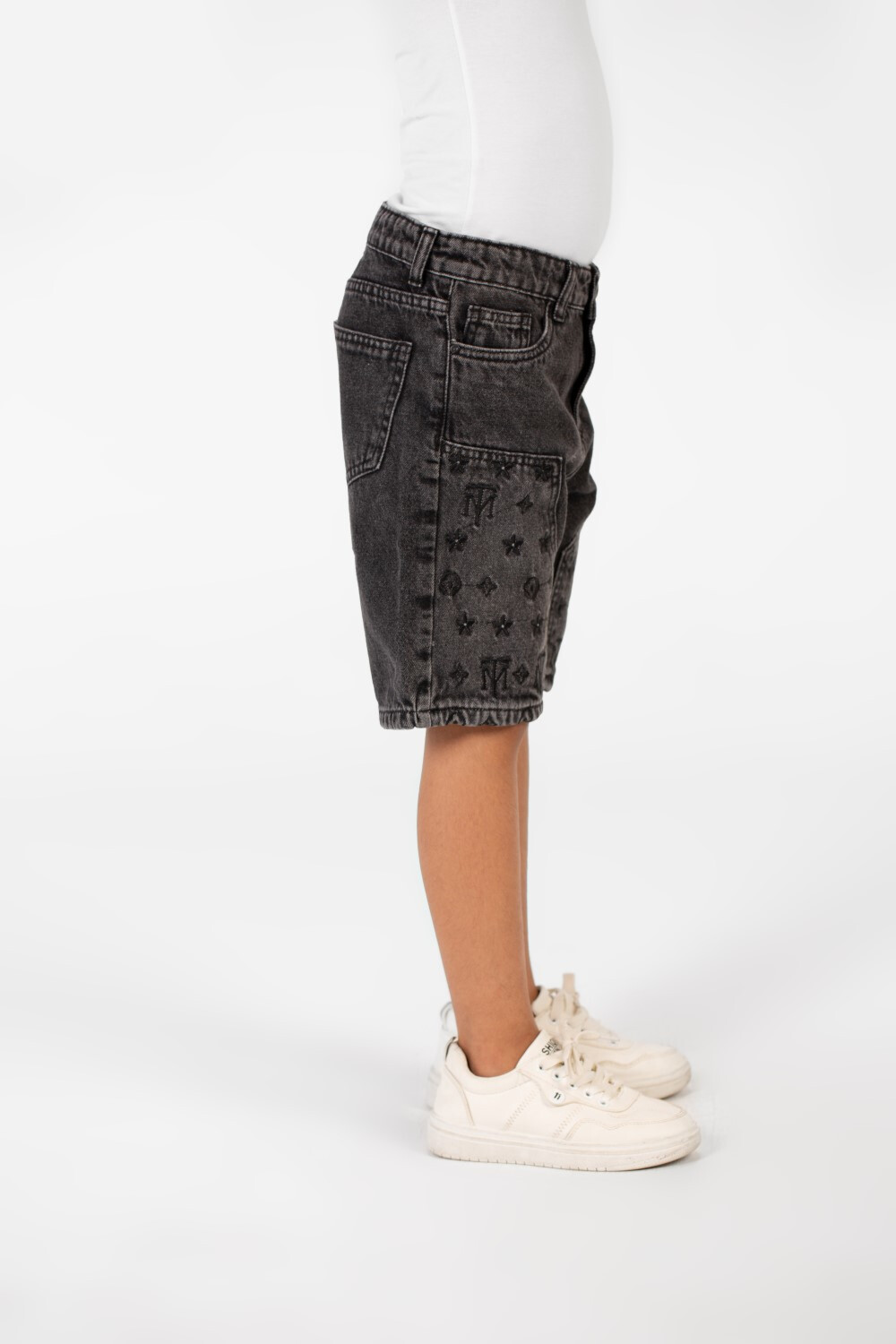 Boy's Summer Denim Short With A Modern Print And Pockets