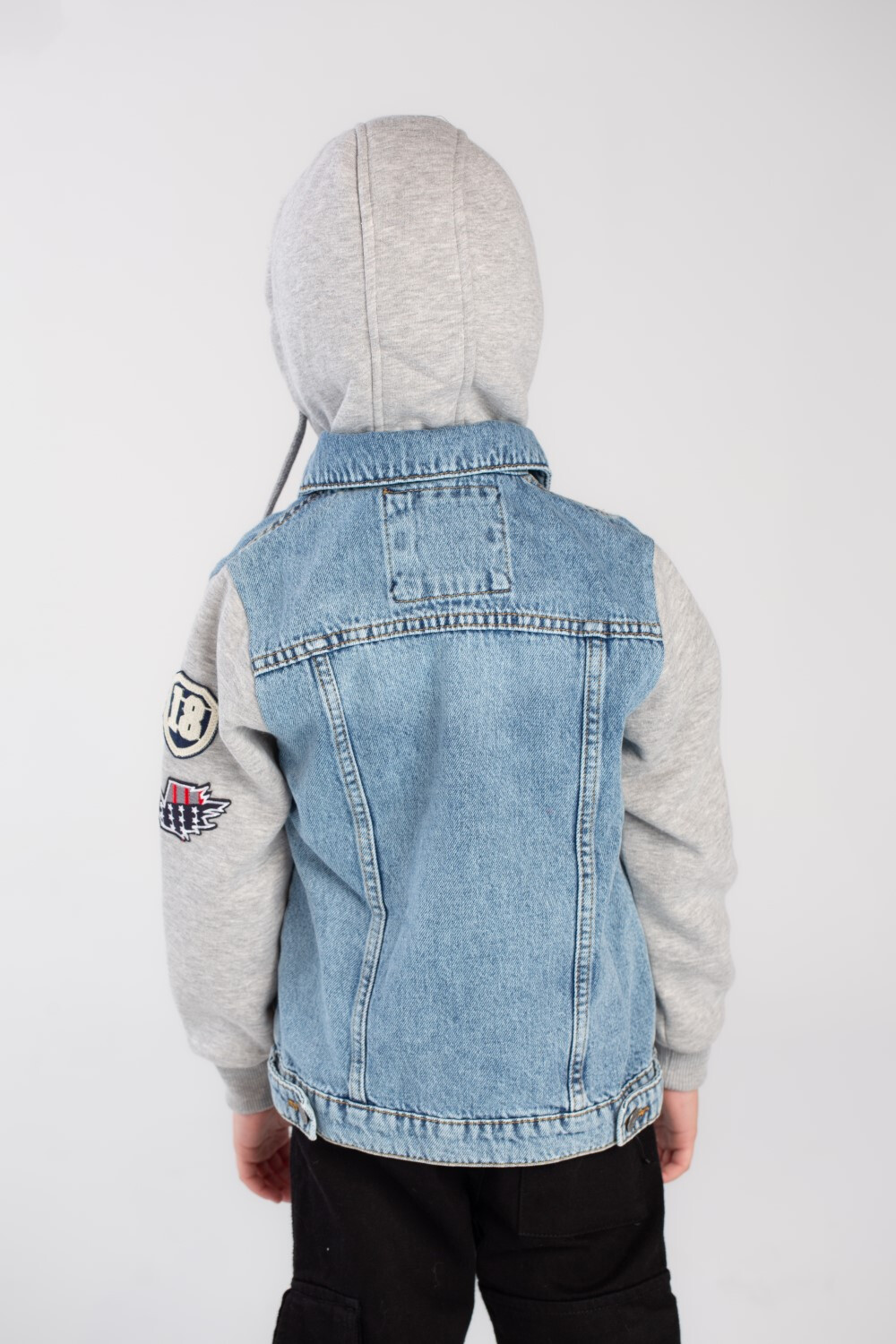 Boy's Denim Melton Hooded Printed Details Casual Slim Fit Jackets With Melton Sleeves
