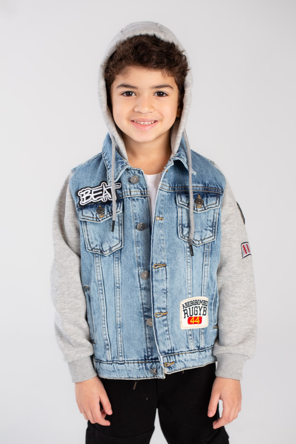 Boy's Denim Melton Hooded Printed Details Casual Slim Fit Jackets With Melton Sleeves