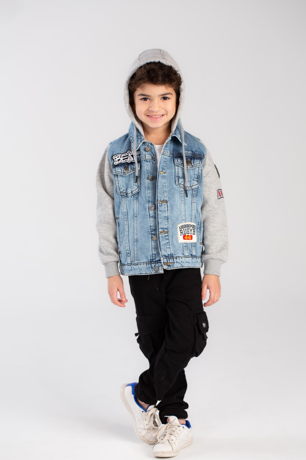 Boy's Denim Melton Hooded Printed Details Casual Slim Fit Jackets With Melton Sleeves