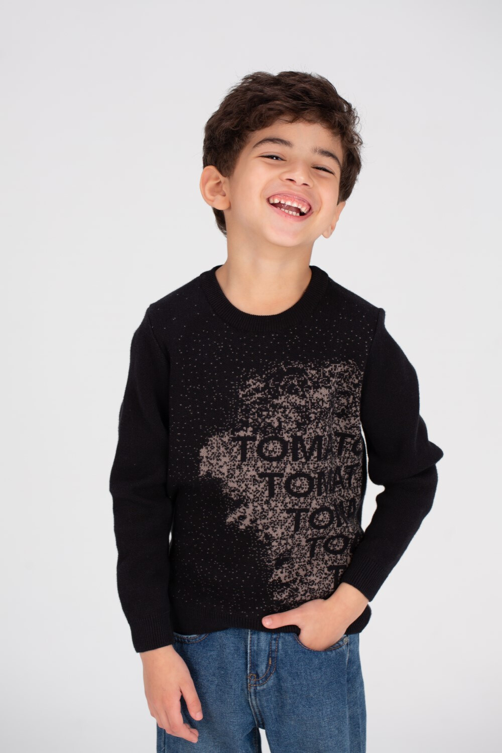 Boy's Round Neck Front Printed Made Of Soft Wool Pullover