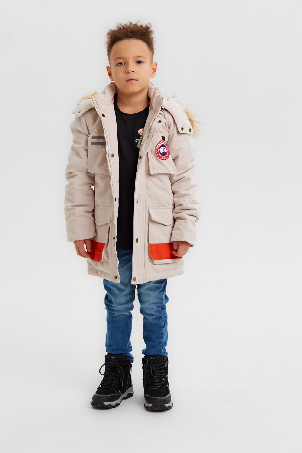 Boy's Casual Long Style Front Pockets Full Zipper Fur Hooded Waterproof Jacket