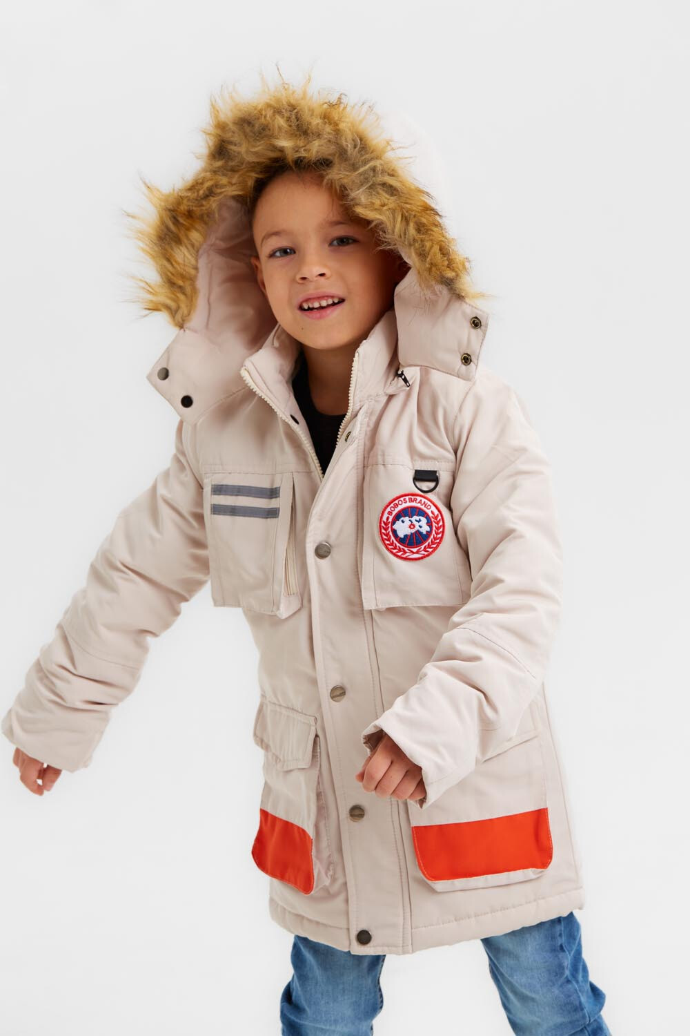 Boy's Casual Long Style Front Pockets Full Zipper Fur Hooded Waterproof Jacket