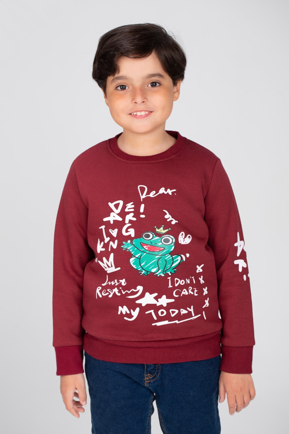 Boy's Regular Fit Made Of Comfort Melton Rounded Neck Padded Front Printed Sweatshirt