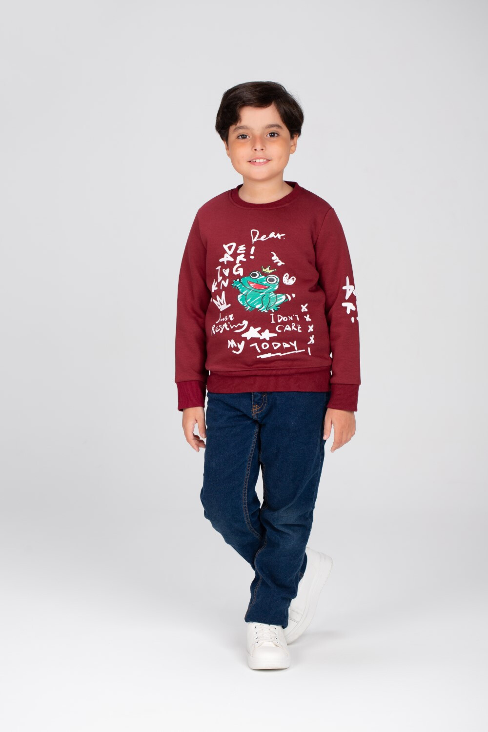 Boy's Regular Fit Made Of Comfort Melton Rounded Neck Padded Front Printed Sweatshirt