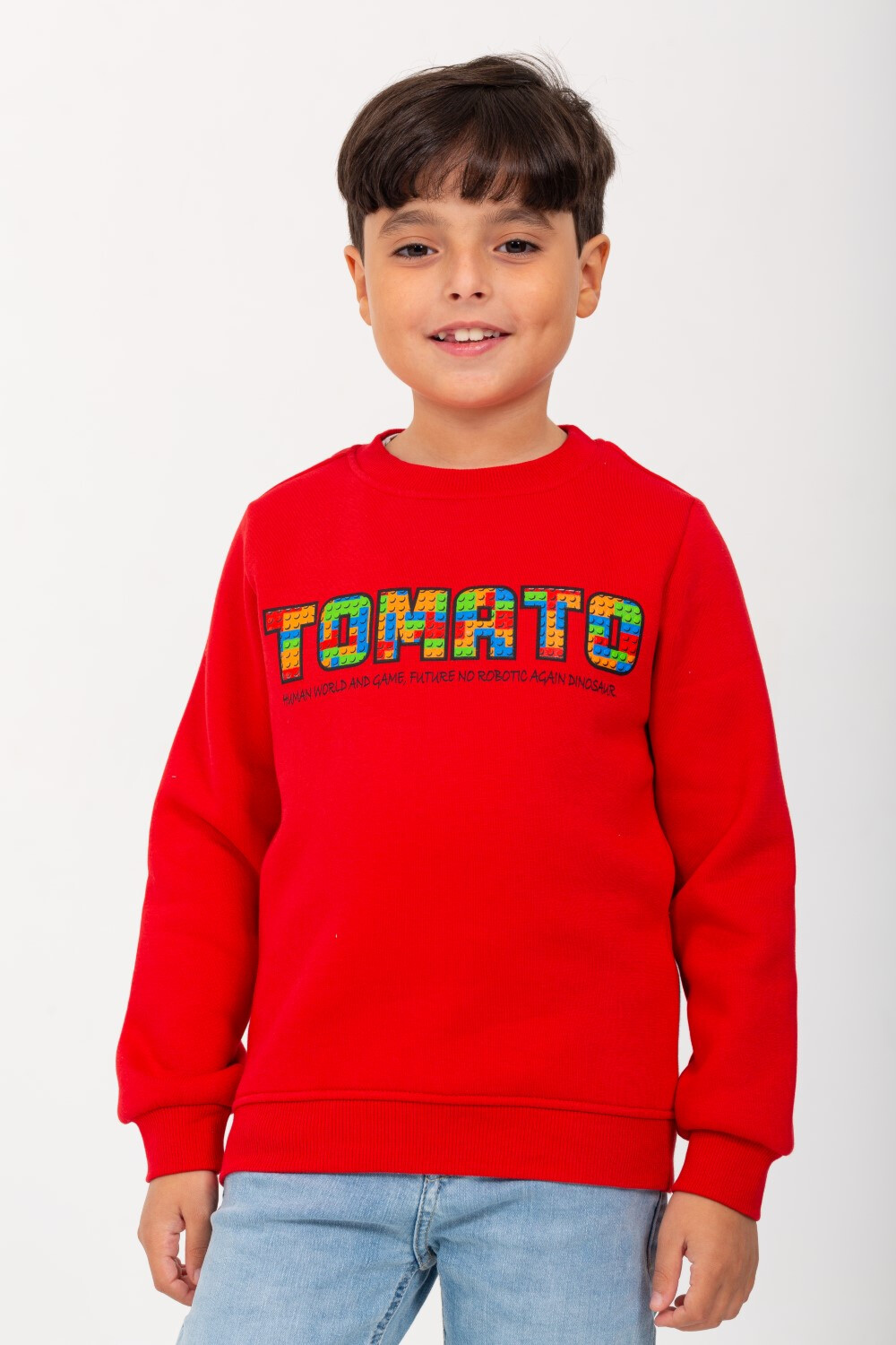 Boy's Rounded Neck Padded With Unqiue Modern Front Tomato Design Sweatshirt